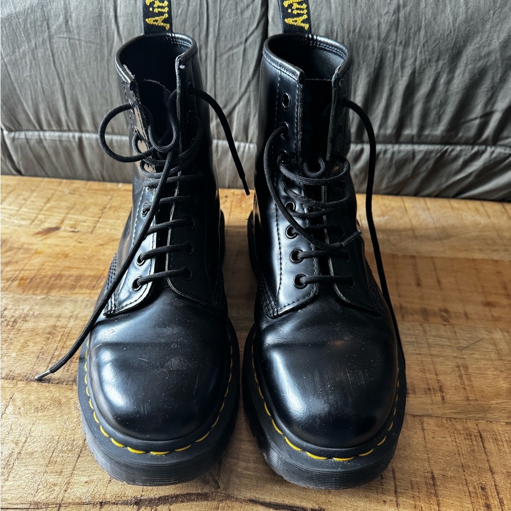 Dr. Martens Black Leather Boots with Yellow Stitching